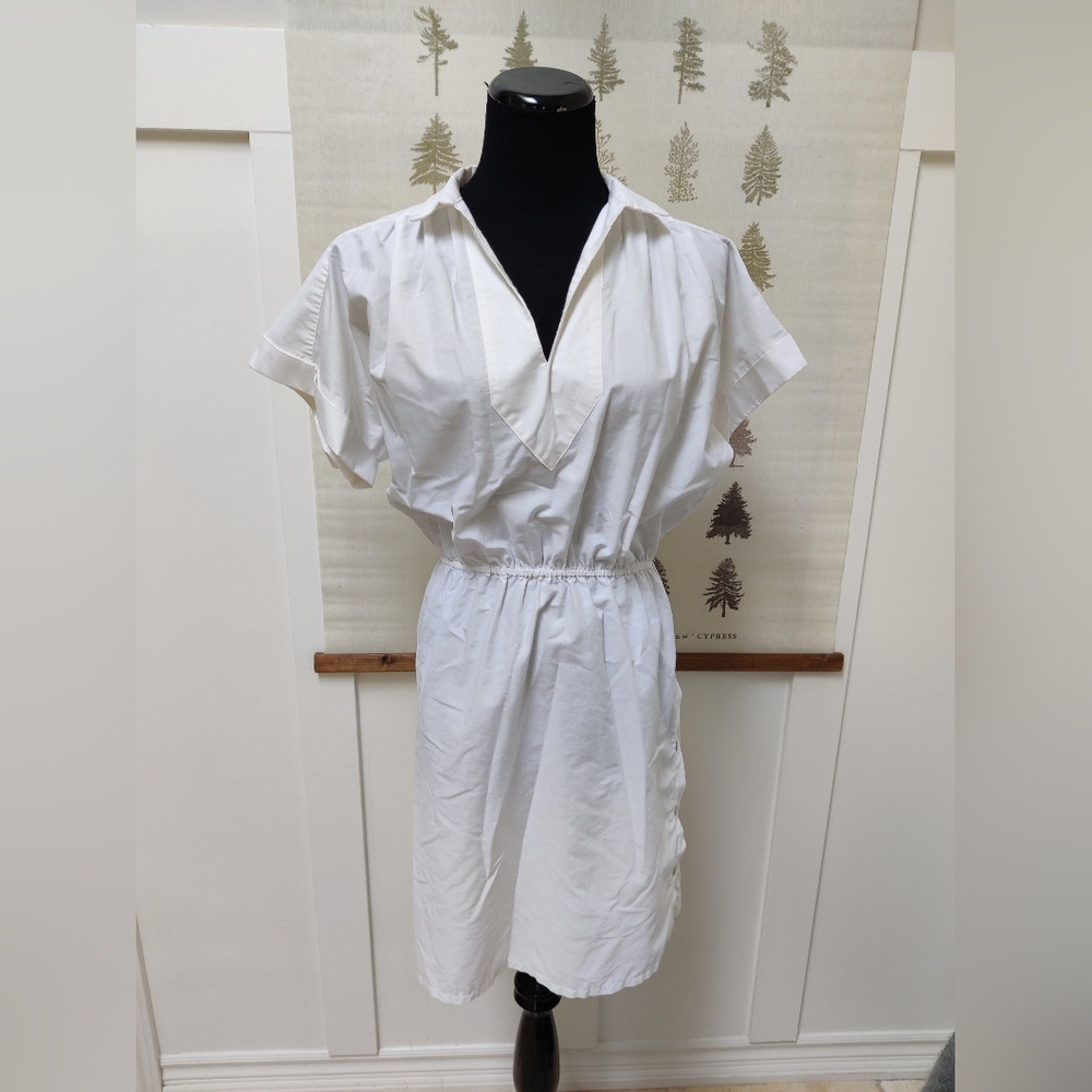 Vintage White Short Sleeve Button Detail Midi Dress - Elastic Waist
